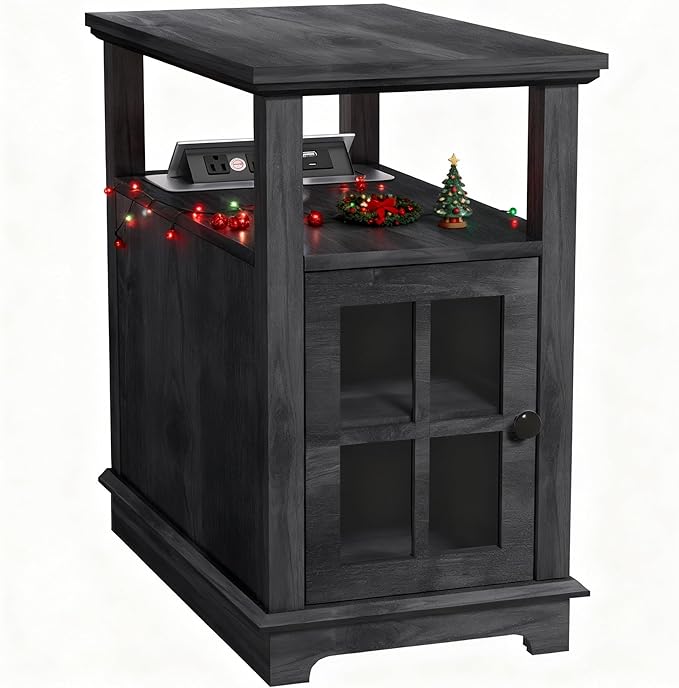 HIFYOBRO Narrow End Table with Flip Top Charging Station and Storage Cabinet, Type-C & USB Port & Power outlets, Adjustable Shelf, Blackgray Side Table with Storage for Living Room and Bedroom
