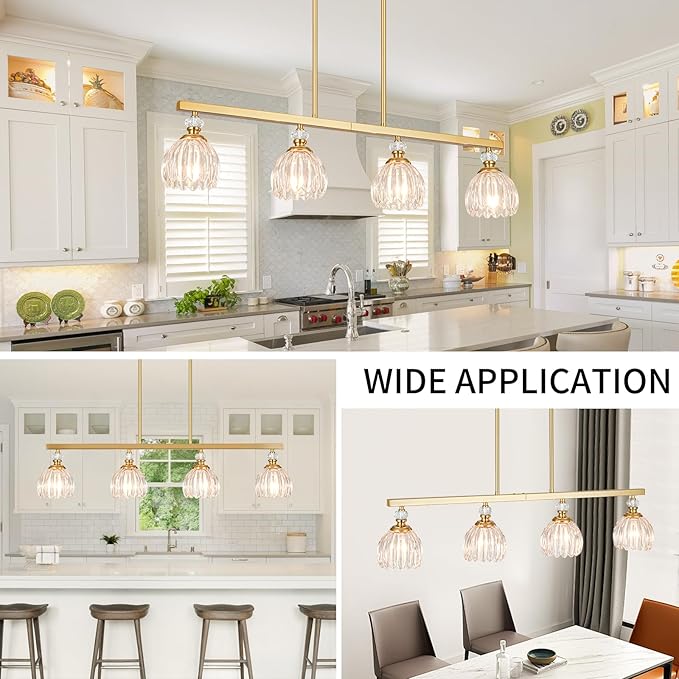 Gold Island Light for Kitchen, 4-Light Linear Chandelier for Kitchen Island with Tulip Glass Shades, Brushed Gold Finish Hanging Light Pendant Fixture Over Dining Table