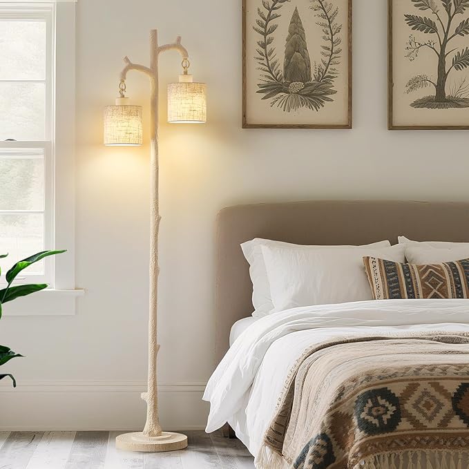 Floor Lamp for Living Room - 69" Rustic Farmhouse Tree Trunk Tall Lamp - Country Resin Vintage Reading Light with Linen Shade Standing Lamps for Bedroom Office Classroom Home Decor (Almond White)