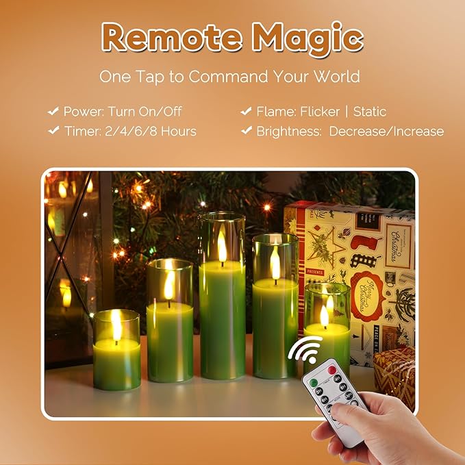 Green Christmas Glass Flameless Candles with Remote Batteries, Flickering Slim Tall LED Pillar Candles Set of 5