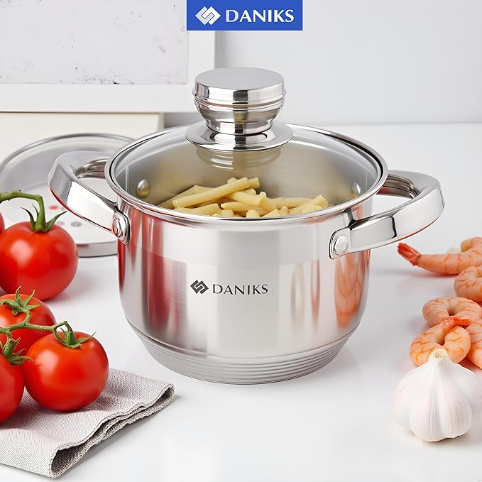 Daniks Standard 2 Quart Stainless Steel Stock Pot with Glass Lid, Try-Ply Bottom for Even Heating, Induction Compatible, Dishwasher Safe, Built-In Measuring Scale, Silver