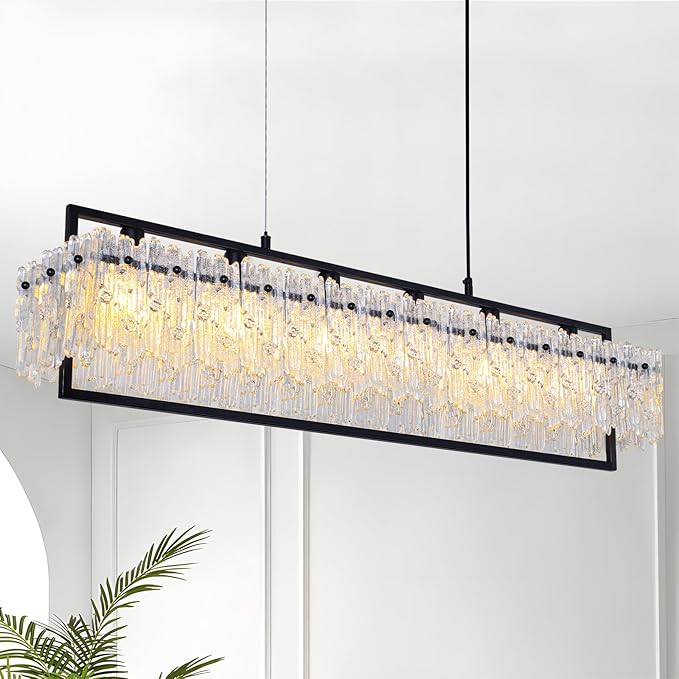 MantoLite Luxe Dining Room Light Fixture Farmhouse Crystal Chandeliers for Dining Room 32" Matte Black Rectangle Design 6-Light Banquet Pendant Light E12 3000K-6000K Compact for
