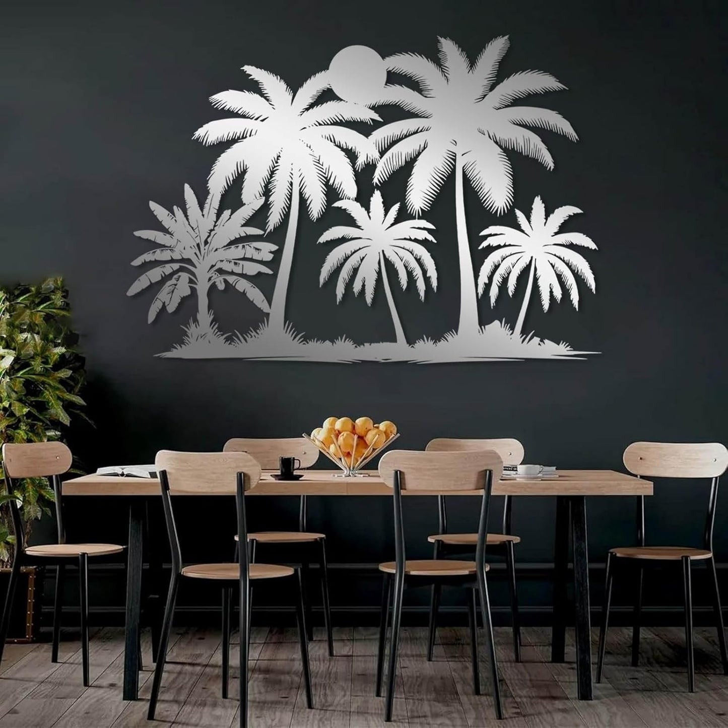 Tuglona Metal Palm Tree with Sunset Wall Decor, Tropical Palm Tree Metal Wall Art, Tropical Wall Decor, Sun Wall Art, Beach Wall Decoration, Coastal Trees Wall Hanging (Silver, 30"x21"/76x53cm)