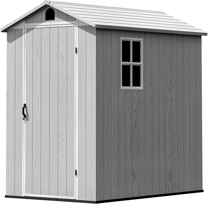 Greesum 4x6FT Plastic Storage Shed with Floor, Resin Outdoor Storaged Sheds with Lockable Door, All Weather Durable Tool Shed with Window and Vent, for Garden, Backyard, Patio, Light Gray