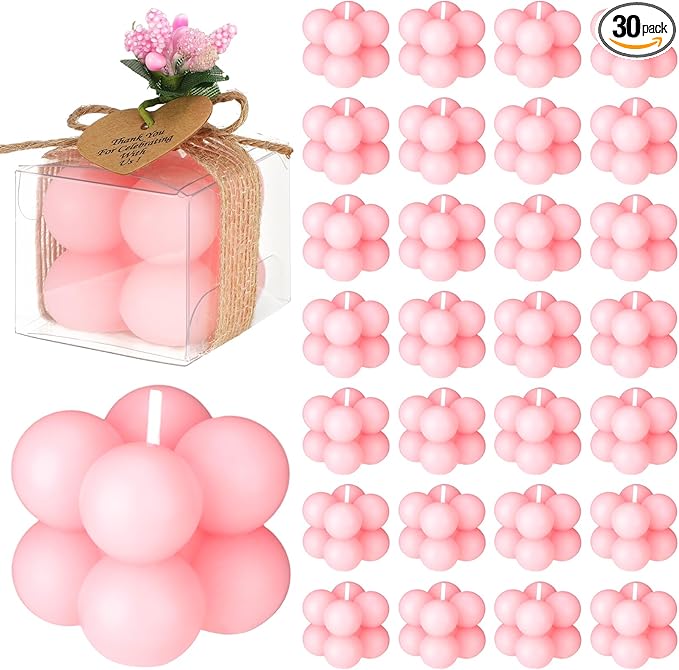 MTLEE 30 Sets Mini Bubble Candles Wedding Favors Gifts for Guests 1.57" x 1.38" Bubble Candles with Cards Dried Flowers DIY Gift Set for Baptism Party Bridal Shower Thank You Gifts (Pink)