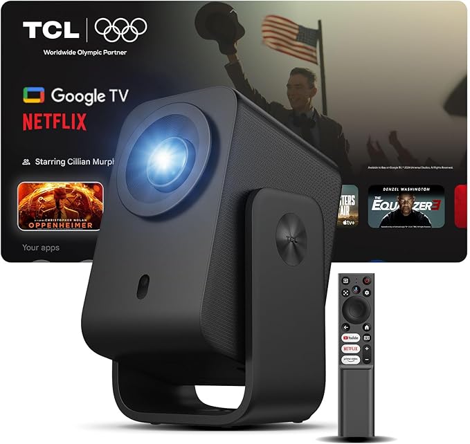 TCL C1 Smart Projector 4K Support, Google TV & Netflix Officially Licensed, WIFI and Bluetooth, Auto Focus Keystone, Native 1080p, Dolby Audio, 285° Portable Mini Projector for Home Theater