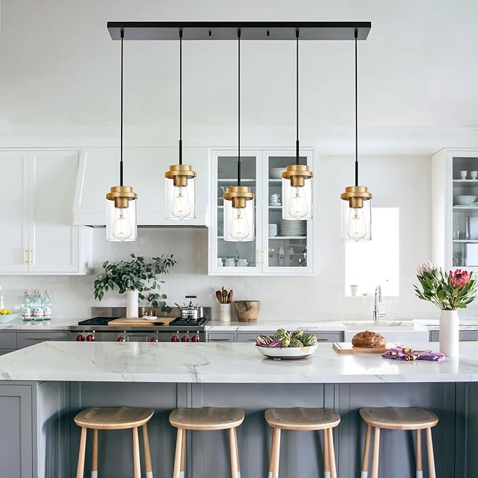 MELUCEE 5-Lights Adjustable Hanging Pendant Light Fixtures 37 Inches in Black, Modern Kitchen Island Lighting Linear Chandelier for Dining Room Over Table with Clear Glass Shade, Gold Socket