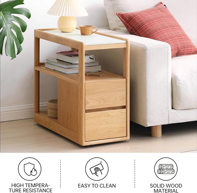 100% Solid Wood Side Table with Wheels, Narrow Side Table with Storage Drawers, Rolling Bedside Table for Bedroom Living Room Space Saving (Natural, 11.81" D x 26.77" W x 23.23" H)