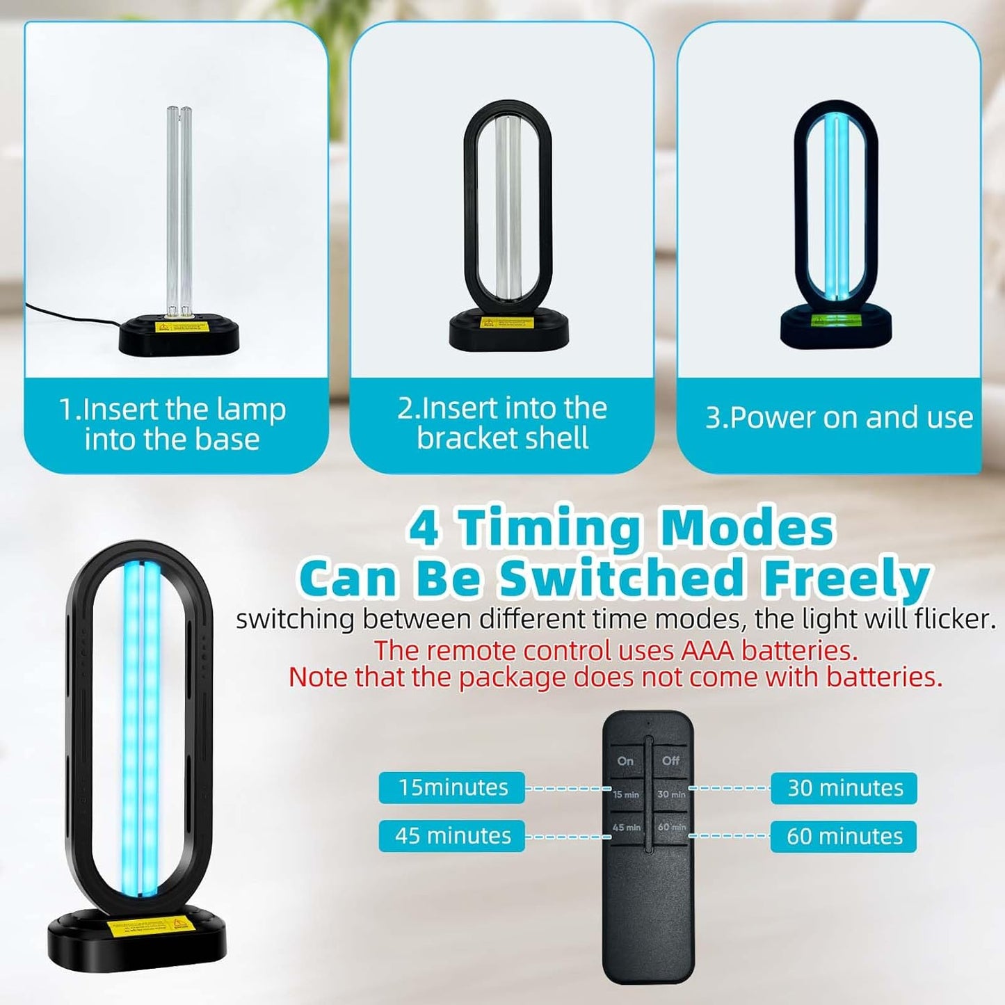 UV Light Sanitizer,4-Speed Timing and Remote Control UVC Home Disinfection Device,Portable Ultraviolet Light Sanitizer for Dust Mites,UV Lamp for Whole Room,Black