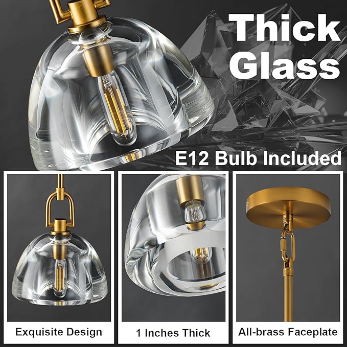 Pendant Light Fixture, 7" Glass Modern Brass Pendant Lights Kitchen Island, Hanging Glass Dome Pendant, Gold Kitchen Pendant Lighting Over Island,E12 Bulb Included, 2PCS
