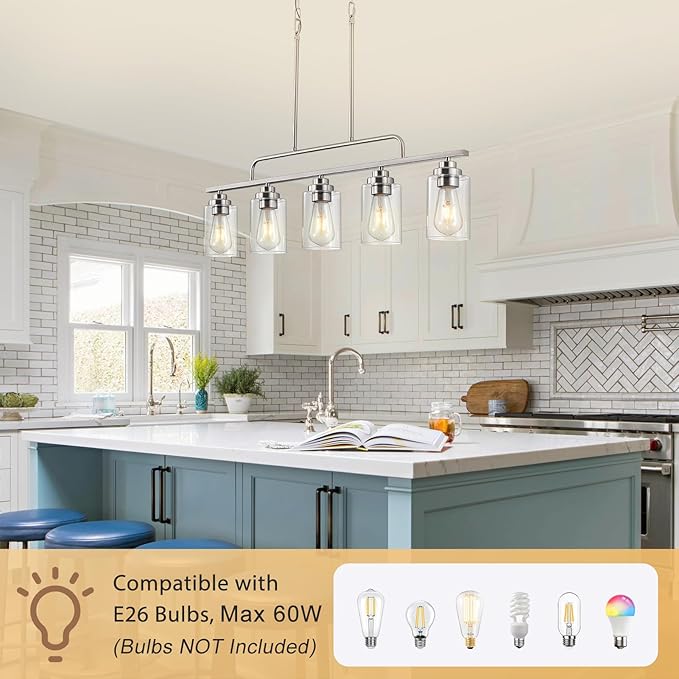 Dining Room Light Fixture - Brushed Nickel 5-Light Farmhouse Chandelier Kitchen Island Lights Fixtures Modern Linear Silvery Chandeliers Hanging Pendant Lighting Over Table