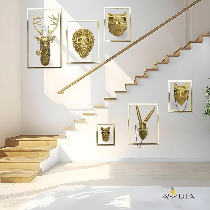 6 Packs Animal Heads Wall Decor with Wooden Frames (Squirell Gift), Large Animal Head, 3D Sculpture, Gift Ready, Easy to Install, Vintage Gold Wall Decor for Living Room, Bedroom, Office or Kitchen