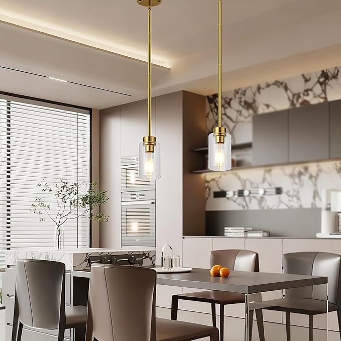 Brass Pendant Lights Kitchen Island 3 Pack, Farmhouse Gold Pendant Light with Clear Glass Shade, Kitchen Island Lighting for Dining Room Entrywa