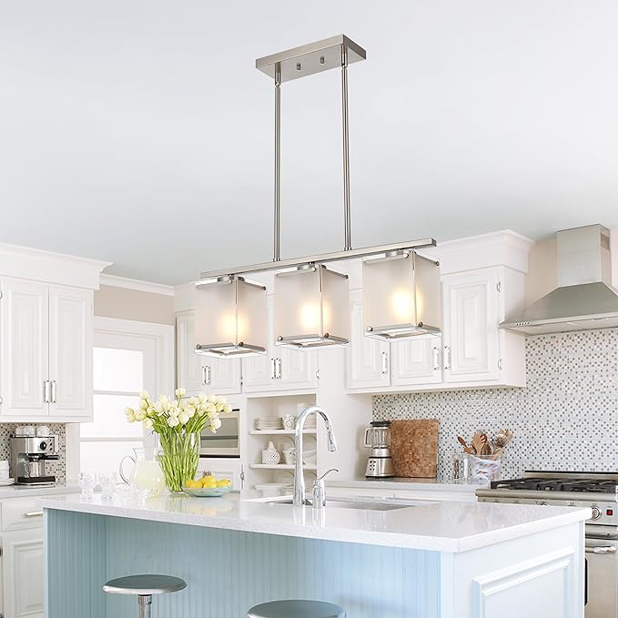 Kitchen Island Lighting, 3-Light Dining Room Light Fixture with Frosted Glass Shade Linear Chandelier Pendant Lighting Over Table for Dining Table Kitchen Island, Adjustable Height