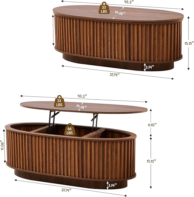 Oval Lift Top Coffee Table, 43.3'' Fluted Coffee Table with Hidden Storage Compartment, Mid Century Modern Dining Table Wooden Center Table for Living Room, Office, Small Spaces (Walnut)