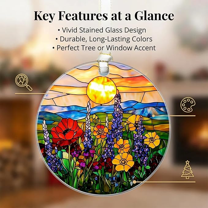 Wildflower Christmas Ornaments 2025, Stained Glass Christmas Tree Decorations, Exchange for Women, Men, Collectible Dated Year Ornaments for Tree - Glass Hanging Ornament