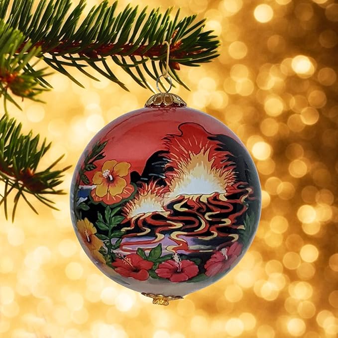 Collectible Hawaiian Glass Ornament Hand-Painted with Volcano and More with Gift Box VS/H