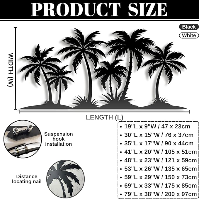 Metal Palm Tree Wall Decor,Metal Palm Tree,Palm Tree Metal Wall Art,Tropical Metal Wall Art,Beach Wall Decor,Coastal Metal Wall Art,Palm Tree Metal Wall Decor (style 1,white,53"L x 26"W/135 x 65cm)