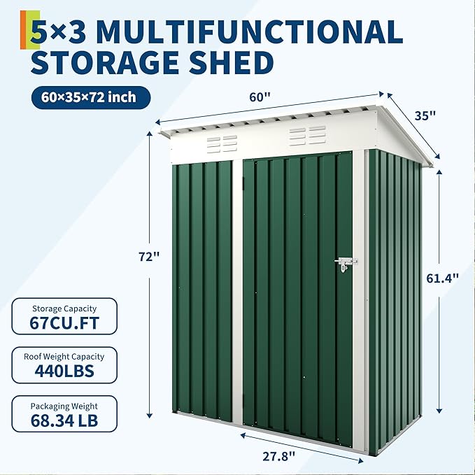 5x3FT Multi-Used Shed & Outdoor,Storage Shed with Lockable Door,Anti-Corrosion Storage House with Sloping Roof for Backyard Outdoor Patio(Green)
