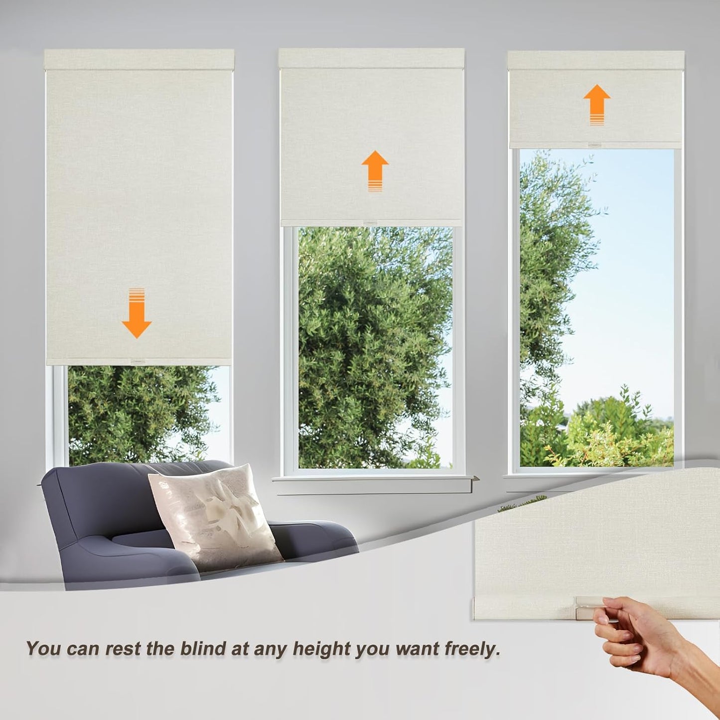 Persilux Blackout Shades for Windows Cordless Roller Blinds, Roller Windows Shades for Home with Fabric Attached Valance, UV Protections Easy Installation for Door/Office, Limestone(53.5" W x 96" H)