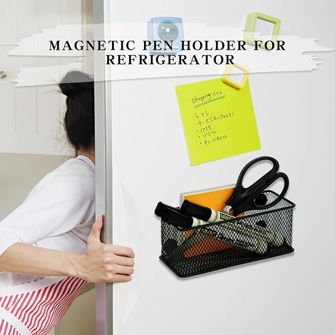 Neudeco Magnetic Locker Organizer and Accessories，Wire Mesh Magnetic Storage Basket ,Magnetic Holder for Dry Erase Markers,Strong Magnet Pen Holder for Fridge School,Pack 3 (Black)