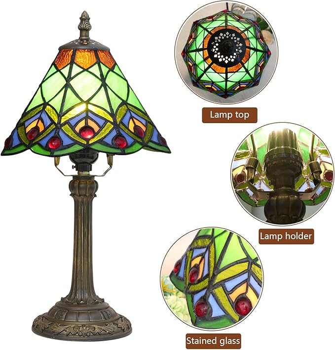Green Small Tiffany Lamp Stained Glass Table lamp Peacock Tail Bedroom Bedside Light for Living Room Dormitory Bar Retro Style Unique Cute funky Accent Decor Cottage 8" Village gift Nightstand Lamp