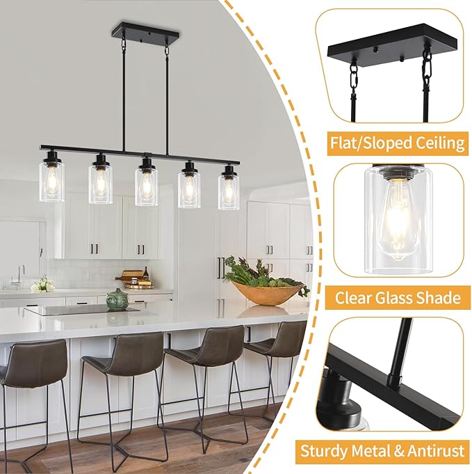 Modern Island Lights for Kitchen Black Dining Room Light Fixtures Over Table 5-Light Farmhouse Linear Chandelier Adjustable Hanging Kitchen Lights Ceiling Clear Glass Pendant Lighting Over Island