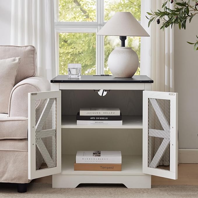 Large Farmhouse End Table Set of 2 with Charging Station and Mesh Barn Door, Rustic Black Wood Nightstand with Storage Shelf for Living Room & Bedroom