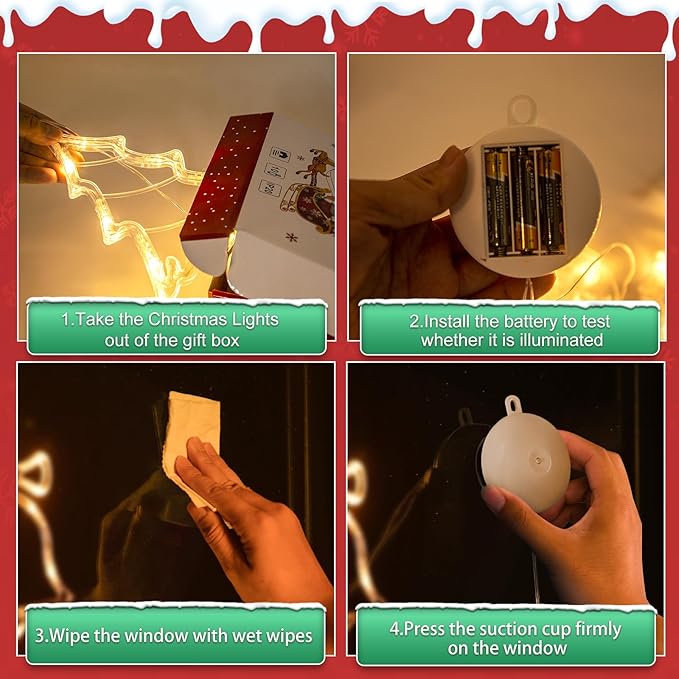 3Pack Christmas Window Lights Decorations with Timer, Battery Powered Hanging Warm White Lighted Tree Bell Star Shaped LED Sucker for Xmas Tree Fireplace Indoor Decor