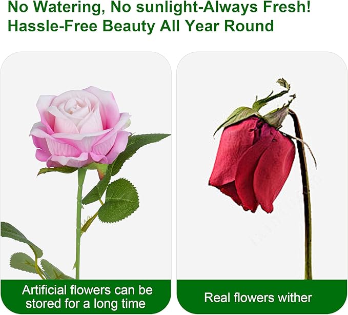 Artificial Flowers Roses Touch Fake Rose Bouquet Flower Stem Fo Wedding Centerpieces DIY Wreath Home Decorations Silk Roses Fo Mothers Party Fake Outdoor Flowers Decor 19.6"(Deep Pink 50PCS)