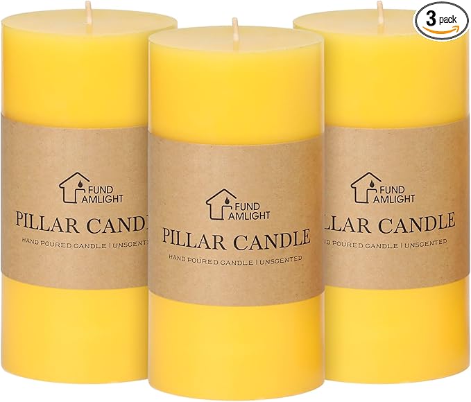 3x6 Inch Yellow Pillar Candles Set of 3 - Decorative Unscented Pillar Candles, Long Burning Dripless Candles for Table Decor, Smokeless Large Pillar Candle for Wedding, Dinner, Rustic Home Decor