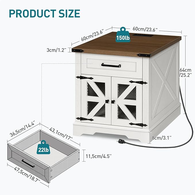 White Farmhouse End Table Set of 2, 24" Large Sofa Side Table with Drawer, Large End Table for Living Room, Wooden Nightstand with Charging Station, Square, White and Walnut