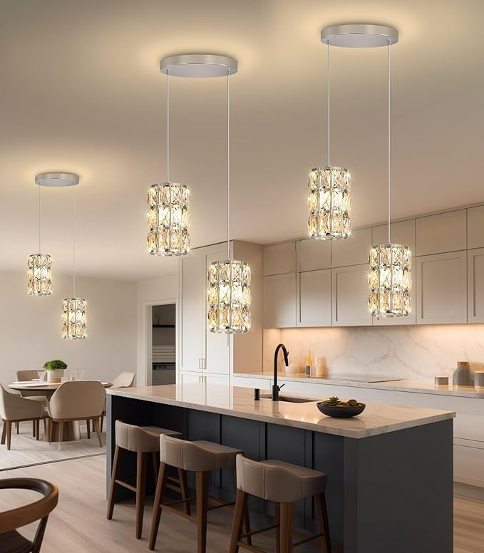 2-Lights Modern Crystal Pendant Lights for Kitchen Island LED Dimmable Glam Pendant Lighting Chandelier for Dining Room Hallway Corner Lamp Nickel