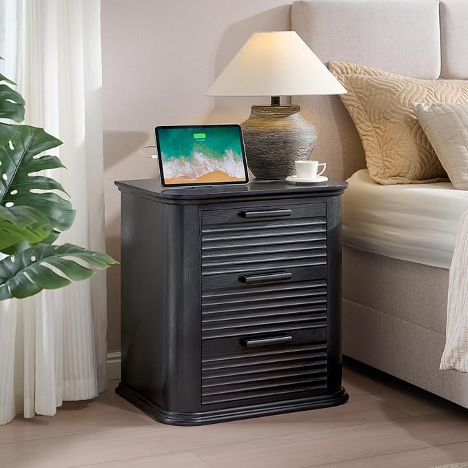 Okvnbjk 22" Wide Fluted Nightstand with Charging Station, Modern End Table for Living Room, Bedroom, Home Office, Wood 3 Drawer Dresser, Large Bedside Tables, Curved Profile Design, Black