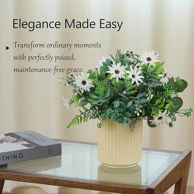 Artificial Flower and Fake Plants in Ceramic Pot,Artificial Plants Indoor, Fake Flowers in Vase for Table Centerpiece Decorations, Faux Plants Flowers Arrangement for Home Office Decoration