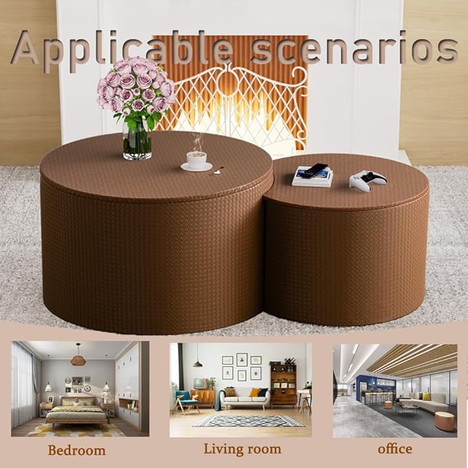 Nesting Coffee Table Set of 2 Modern Round Coffee Table with Hidden Storage Round Side Table Drum Accent End Tables for Living Room, Bedroom (Brown)