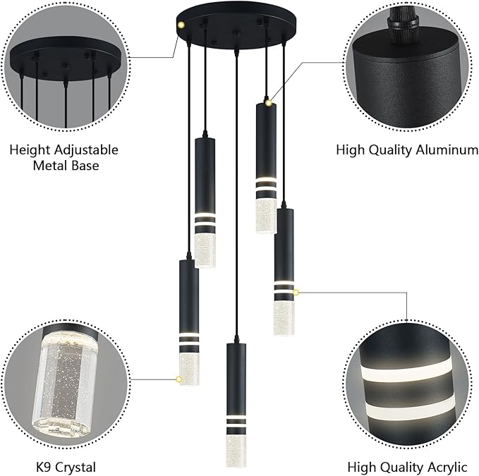 Pendant Lights Kitchen Island, Crystal Pendant Light Fixtures Mini 30W LED Modern Kitchen Pendant Lighting Over Sink and Living Room and Bedroom (Black 5 Light)