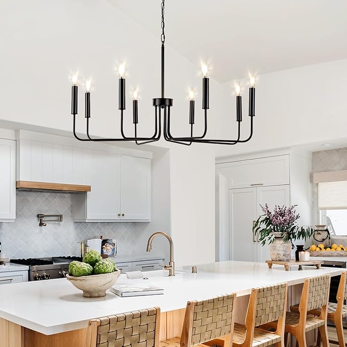 Farmhouse Candle Chandelier, 8 Light Rustic Black Ceiling Pendant Light Fixture, L-Arm Design Industrial Dining Room Hanging Lighting for Living Room, Entryway, Foyer, Kitchen Island
