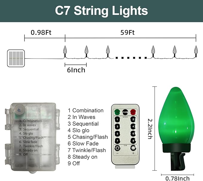 Anycosy Christmas Lights Outdoor, 100 LEDs C7 String Lights with Timer Function Battery Operated 8 Modes for Christmas Decorations