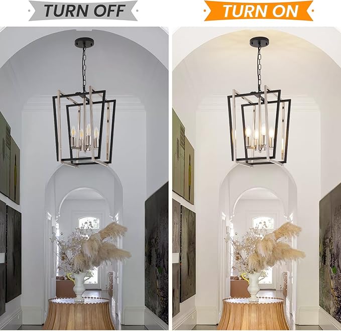 WJShome 4-Light Modern Chandelier, Farmhouse Dining Room Light Fixture Hanging Pendant Lights Kitchen Island, Black and Silver Lantern Pendant Light, Adjustable Height Entryway Chandeliers
