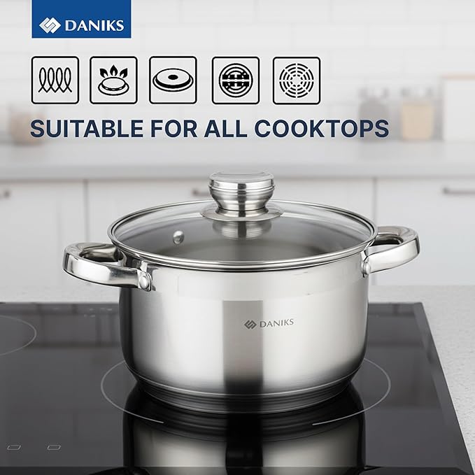 Daniks Standard 4 Quart Stainless Steel Stock Pot with Glass Lid, Try-Ply Bottom for Even Heating, Induction Compatible, Dishwasher Safe, Built-In Measuring Scale, Silver