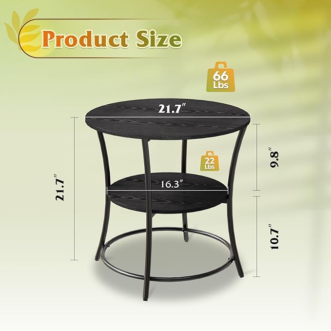 WLIVE Side Table, Round End Table with 2 Storage Shelves for Living Room, Bedroom, Nightstand with Steel Frame for Small Spaces, Accent Coffee Table, Black