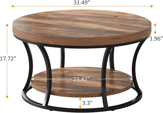 Round Coffee Table for Living Room, 2-Tier Circle Coffee Table with Storage, Accent Center Table Modern Design, Rustic Brown and Black