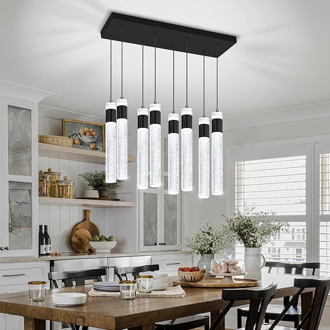 8-Lights Black Hanging Pendant Light for Kitchen Island Modern Dimmable LED Crystal Chandeliers for Dining Room Bedroom Living Room Over Table Adjustable Height