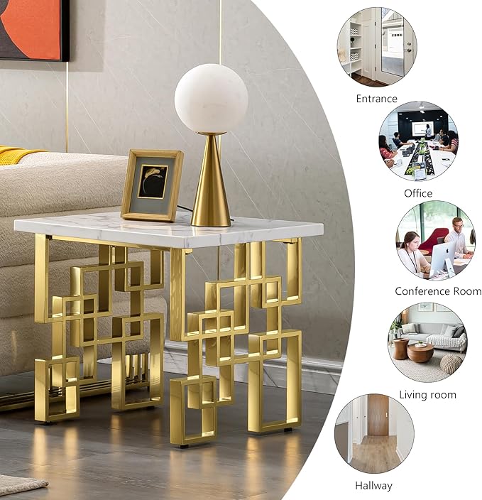 AUZ Gold End Table, Modern Square Living Room Side Table with White Top and Gold Mirrored Metal Geometric Base