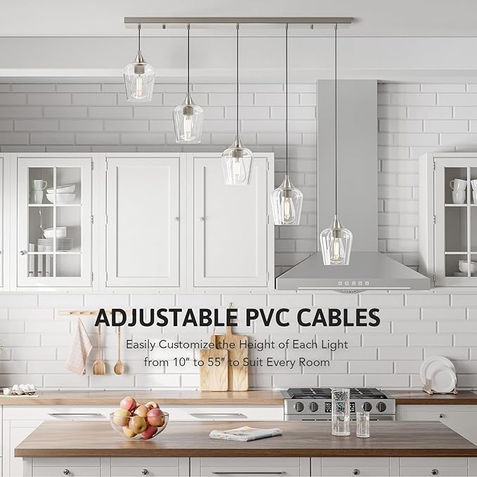 VONLUCE Pendant Lights Kitchen Island, Brushed Nickel Pendant Light Fixtures with E26 Base & Adjustable Cable, Modern Pendant Lighting with Glass Shade for Living Room Bedroom Hallway, 5 Packs