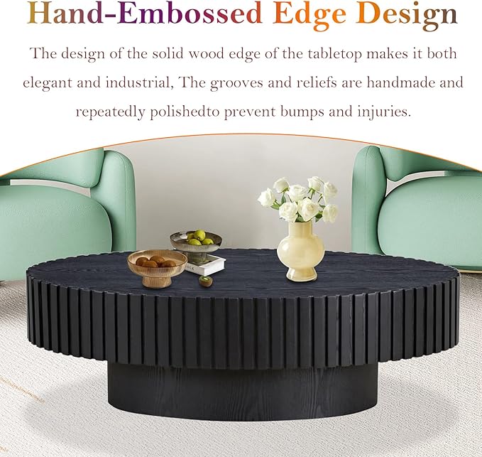 43.3in Fluted Side Tables Living Room Modern Chic Drum Coffee Table - Spacious Tabletop, for Small Space - Living Room Apartment Study,Black