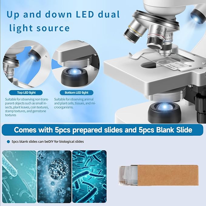 Microscope 40x-2000 Times Magnification, Upper and Lower LED Lights, Double-Layer Stage, Primary and Secondary School Students, Children's Composite Microscope (WiFi Electronic Eyepiece)