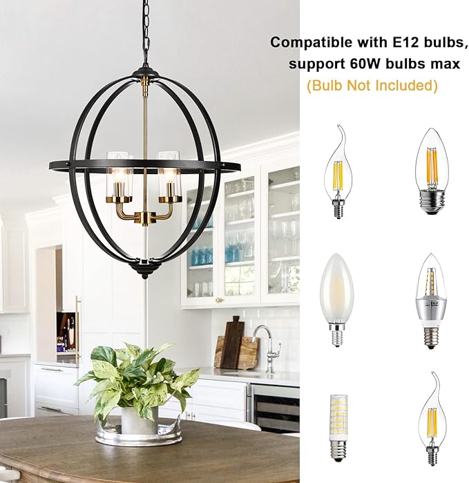 Treekee 4-Light Black Orb Chandelier, 20" Black and Gold Globe Pendant Light, Adjustable Hanging Ceiling Light Fixtures, Industrial Ceiling Chandelier Light for Kitchen, Dining Room, Foyer