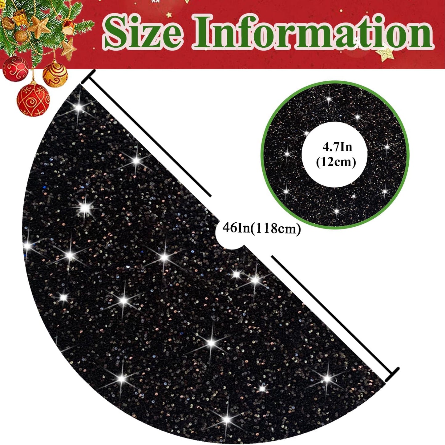 Christmas Tree Skirt 46 Inch Black Xmas Tree Skirt Soft Fabric Tree Skirts Christmas Decorations for Halloween New Year Round Velvet Tree Cover Skirt Sequin Metallic Tree Floor Base Luxury Tree Mat